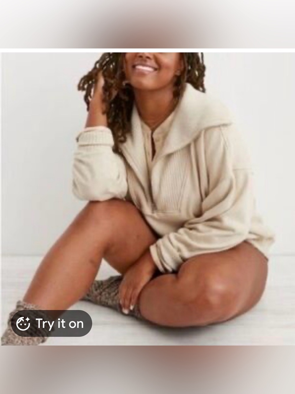 Aerie Down To Earth Quarter Zip Pullover Sweatshirt - Beige/Tan M